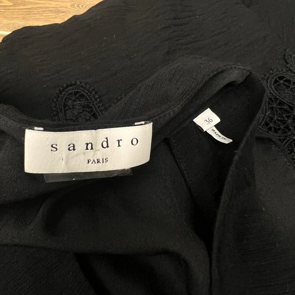 Sandro Paris Dress‎ 36 Elena Black Sleeveless V Neck Sheer Lace Panel Fit Flare - Picture 3 of 10